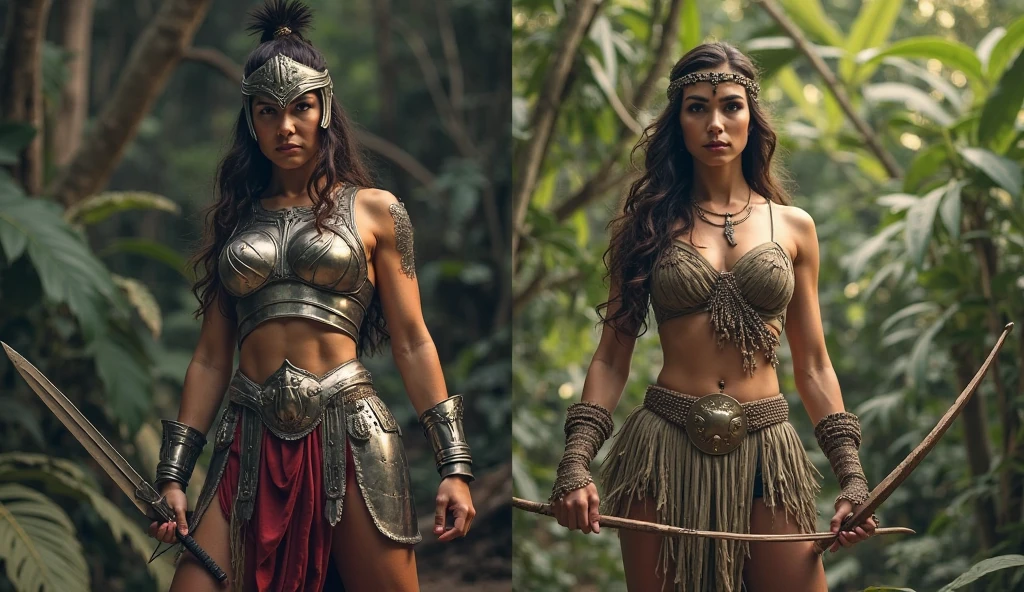 hyper-realistic, highest detail, full height view, standing, ultra-sharp, 3D, highly attractive female amazonian warrior wearing minimal attire, very small clothing, in the rain forest