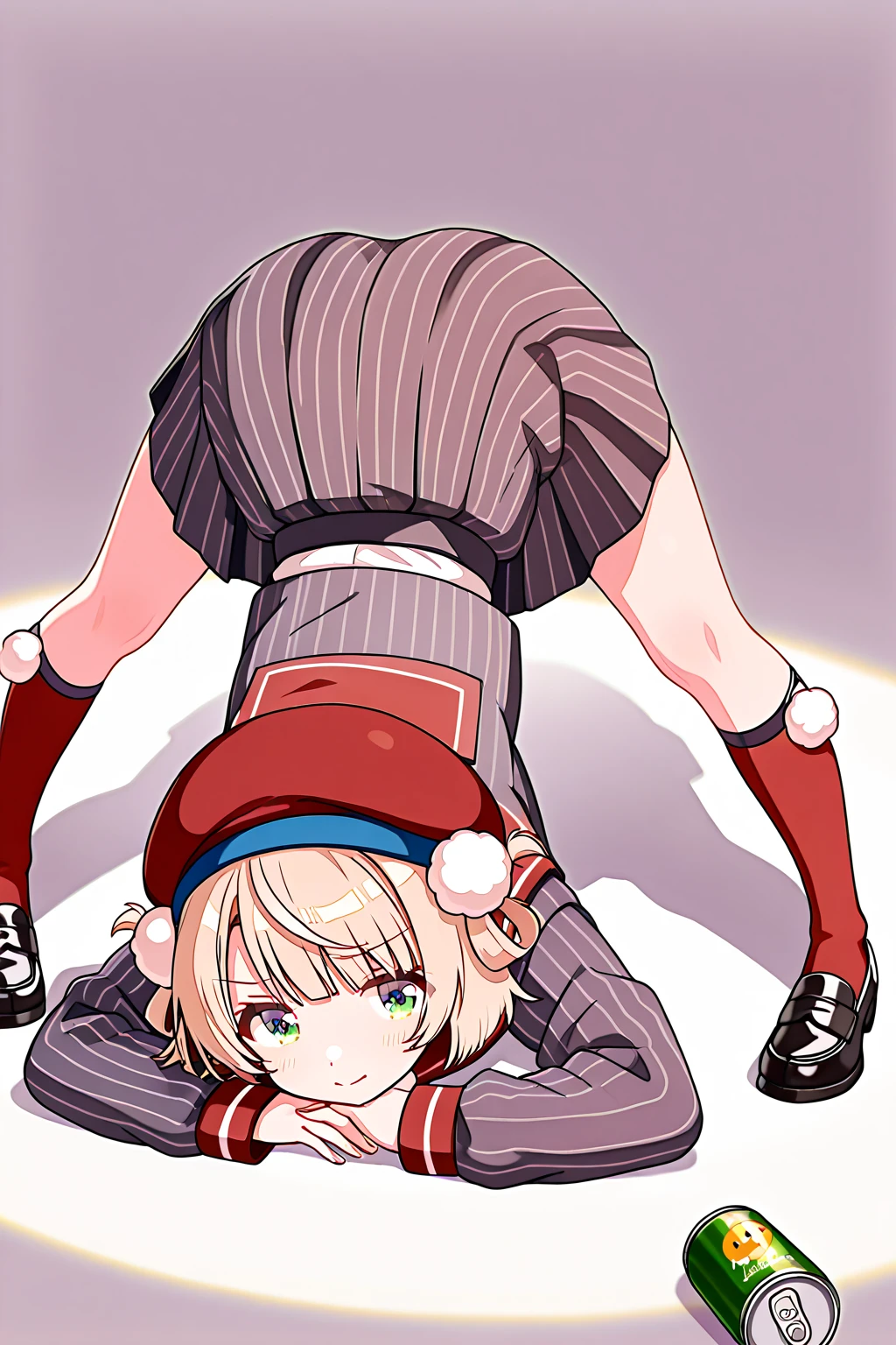 1girl, lambdadelta, pink dress, kneehighs, striped legwear, red shoes, shoe bow, red bows, blond hair, short hair, brown eyes, elbow black gloves, jack-o' challenge,flexible, spread legs, top-down bottom-up,  