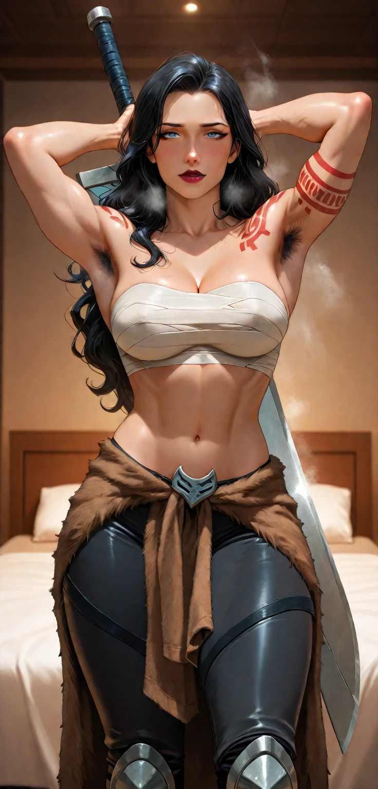 Standing, big breasts, plump, pretty face, thick body, blonde hair, hands covering eyes, seductive expression, showing a happy smile, showing armpits, masterpiece, super mass, 4k quality, high detail, elf mother, black nun turban, lace skirt, cleavage, white tights, sweaty, hands on the back of the head, lying on the ground, wet clothes, see-through, water vapor, elevation view, add_detail:1.5
