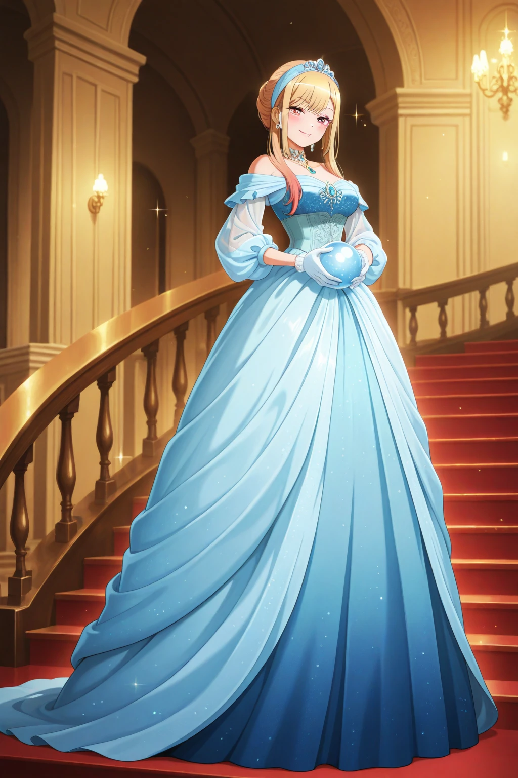 Up the grand, curved staircase, a stunning mature woman with long, curly brown hair and a warm smile turns her elegant figure towards the camera. She pauses at the landing, her hand extended in an inviting gesture, as if beckoning viewers to ascend into the mysterious world above.