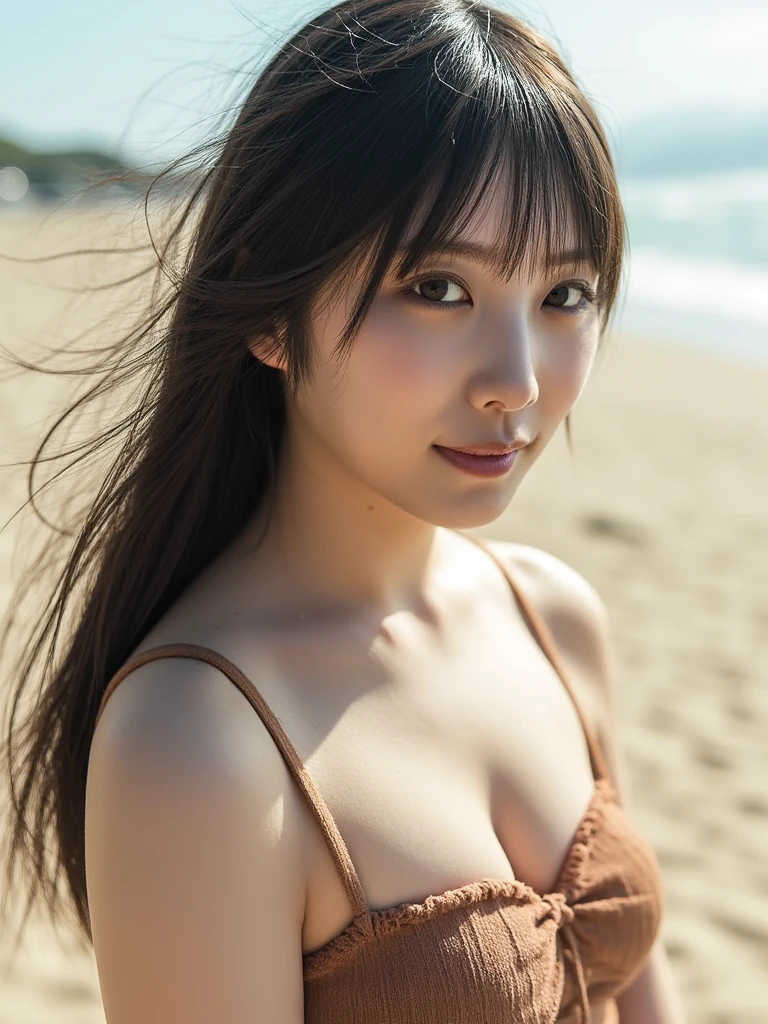 bandeau bikini,Seductive pose, Beautiful Face, Beautiful Lips, Cleavage, Cinematic, Ultra-high resolution, Cleavage, Beautiful sunset beach background, sunset, masterpiece, Cinematic, Ultra-high resolution,Facial expressions and attitudes,Highest quality ,Height 170 cm,A 28-year-old Japanese woman,Beautifully detailed composition