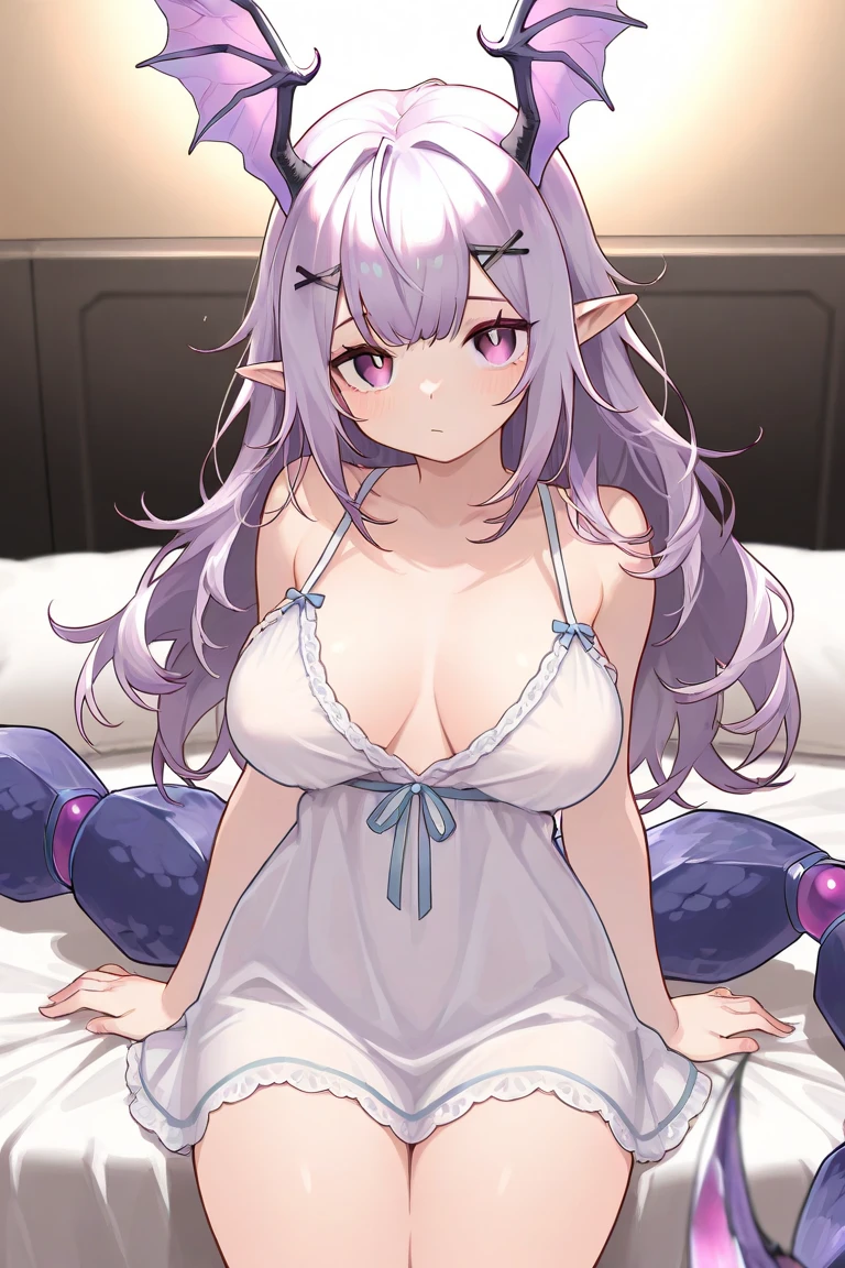 mejor calidad, highres, ultra detailed, Emilia, drunk, nightgown_outfit, grey_hair, upper_body, lower_body, very_long_hair, big_breasts, leaning_forward, bent_over, dowblouse, purple_nightgown, anime, blush, 1girl, milf, elf, bedroom, lying_in_bed