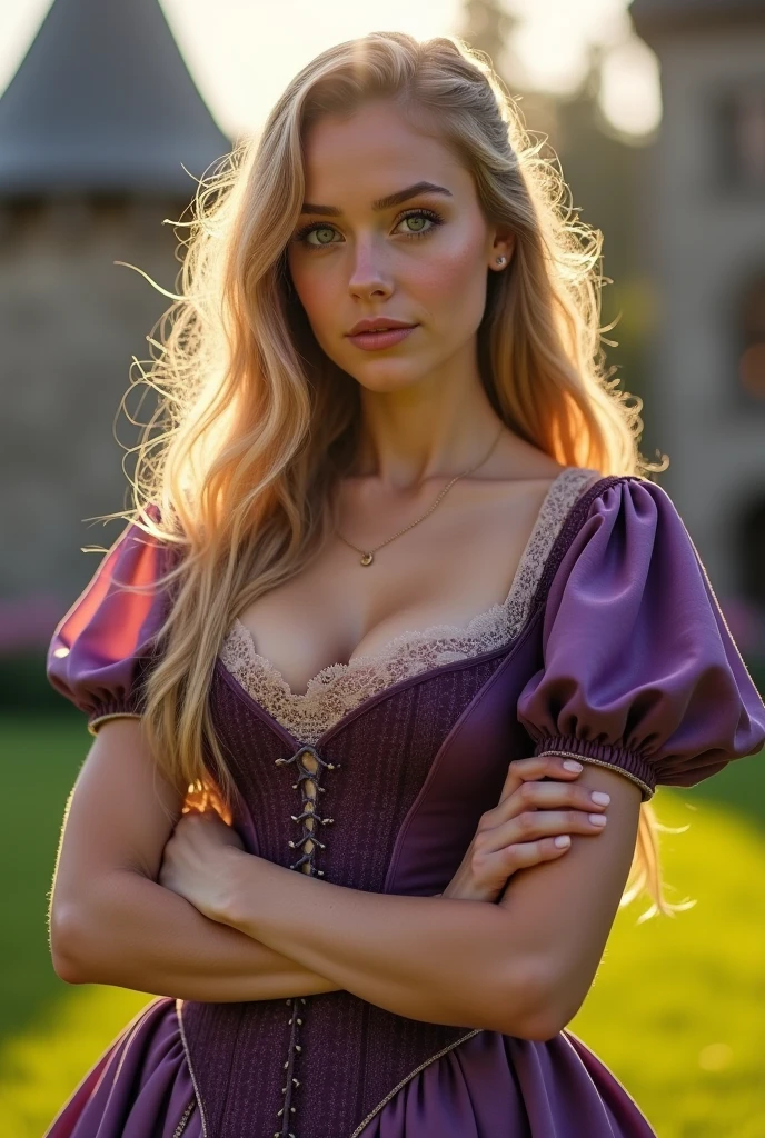 ((close up)), Gorgeous and sultry busty athletic (thin) a blonde queen with sharp features and a modest hairstyle, dark red medieval dress, long sleeves, embroidery, Wide neck, crown, veil, long dress, tight bodice, silver belt, (medieval belt chain), medieval jewelry, average age, Castle, shaft, wall, Exterior, on top of a Castle wall, trees, countryside, evening, sunset.