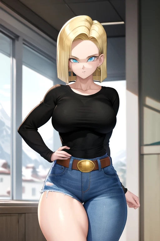 mulher baseada no personagem android 18, posando sozinha corpo todo, vestindo saia jeans curta top preto e jaqueta jeans, cabelo loiro, olhos azuis, lean chest, peitos grandes redondos empinados, cintura fina, quadril largo, bunda grande e redonda, coxas bem grossas.