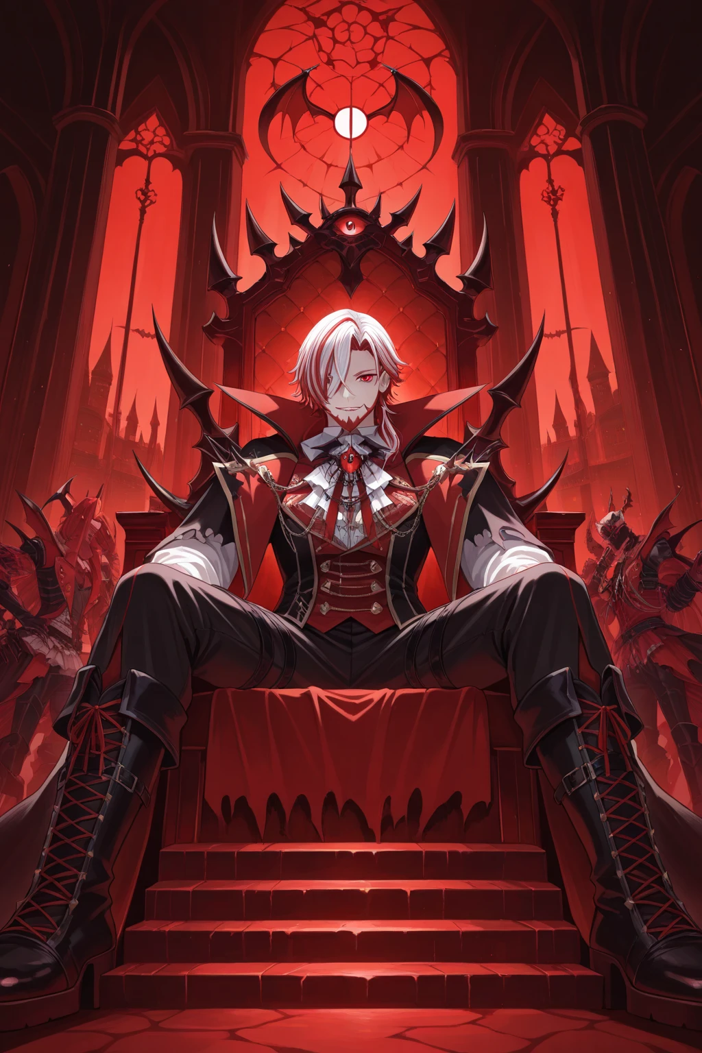 Height: 6'4" (193 cm), Build: Tall, muscular, and imposing.
Age: Late 20s
Skin Tone: Pale, almost ghostly.
Hair: Long, jet-black, wild and unruly, reaching mid-back.
Eyes: Blood-red, wide, and intense with an insane, bloodthirsty glare.
Facial Features: Sharp and angular, high cheekbones, strong chin, long scar from left eyebrow to cheek, often with a cruel smile.
Clothing:

    Attire: Dark, ornate battle robe with red and gold accents, demonic patterns, black leather chest plate with spikes.
    Accessories: Large jagged sword with a bloodstained blade, black leather hilt, demonic wing-shaped guard, rings with blood-red gemstones, thick silver chain with a demon head pendant.
    Footwear: Black knee-high boots with metal plating, spiked heels, blood-red laces, and metal accents.

Overall Vibe: A cruel, bloodthirsty young lord with an aura of madness, combining regal refinement with savage brutality.