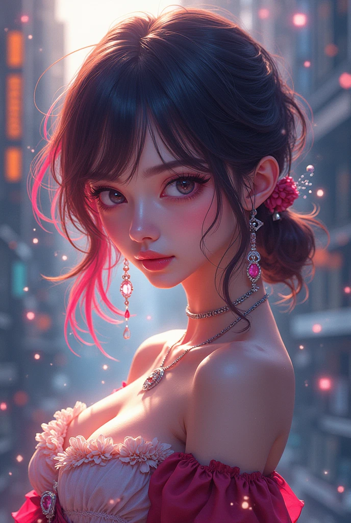 score_9, score_8, score_7, high quality, intricate details, high quality, high resolution, sharp focus, depth of field,  big eyes, cute nose, full lips, eye liner, blush, off shoulder, bare shoulders, very thin, pretty, medium breasts. nipple slip, long dark hair, small neon red heart earrings, Katie, Details++,,  elegant 22yo girl undressing in love hotel