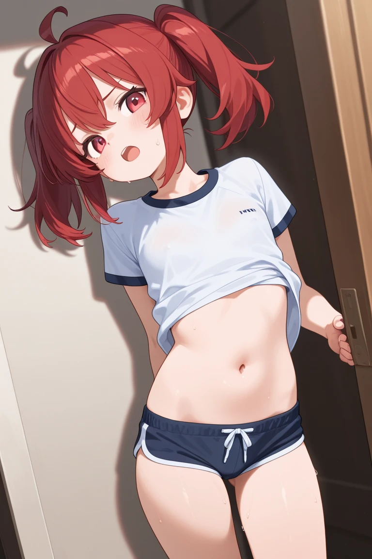 small breasts, flat chest, blush, small jean shorts, tight jean shorts, fitted shorts, the ass sticks out of the clothes, naked breasts, thick thighs, open legs, pubic tattoo