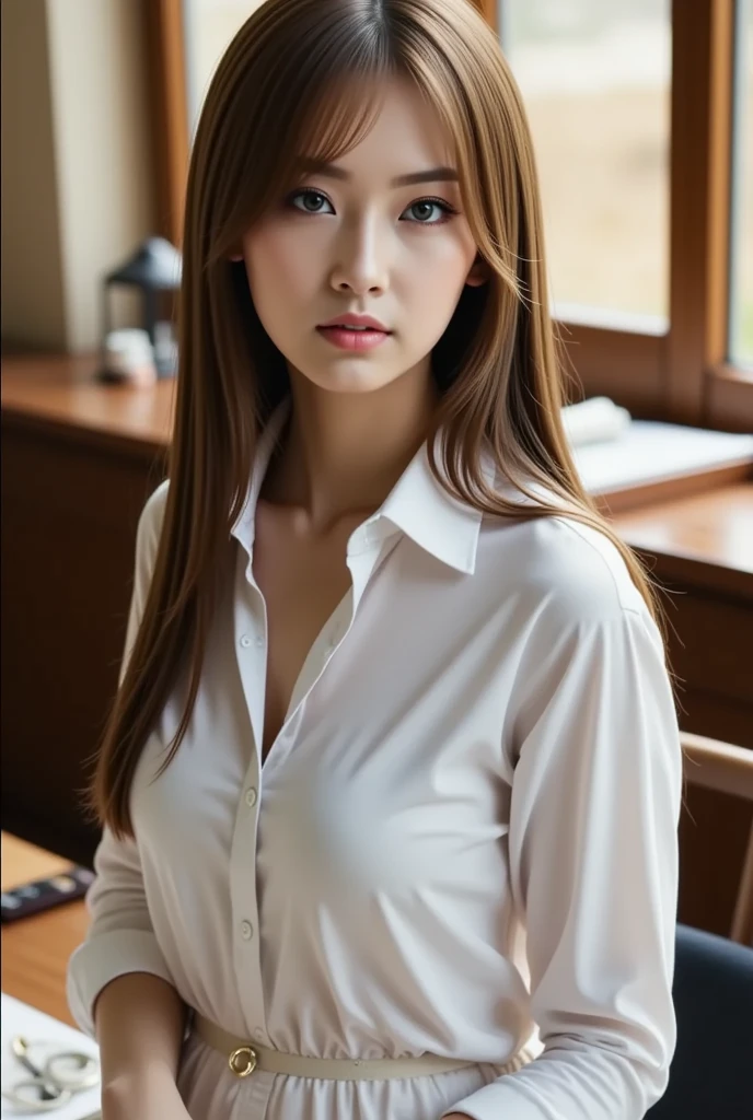 Ultra High Definition, Superior Quality, Premier Quality, ultra detailed, Photorealistic, 8k, RAW Photos, highest quality, masterpiece, Attractive woman, Stunning woman, Sexy, Brown Hair, Shoulder Length Layered, Japanese Model, Sophisticated, Stylish, Formal shirt, Shibuya, 