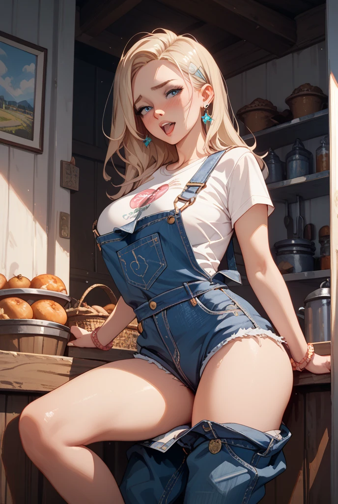(masterpiece:1.2, best quality:1.2, beautiful, high quality, highres:1.1, aesthetic), detailed, extremely detailed, ambient soft lighting, 4K, perfect eyes, perfect face, perfect lighting, 1girl, solo, takamaki anne, twin tails, blonde hair huge ass, huge breasts, huge thighs, narrow waist, wide hips, thick thighs, curvy, naked overalls, collar,blushing,sweating, (breathing hard), (panting), anime, farm, smile,