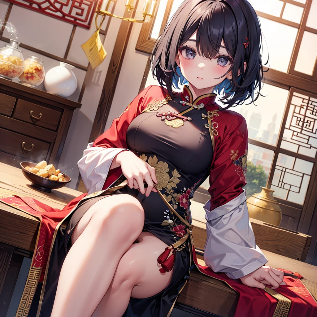 A female empress, short white hair, with yellow eyes, red nails, mostrando os peitos, legs open showing pussy, with an angry face and a provocative look, mouth open with tongue out. Wearing traditional Chinese imperial clothing, decorated in gold with black details, with red Hanafuda earrings, with a short red skirt. On your knees on a hotel room bed with a penis in your pussy, with a sunset in the window in the background.