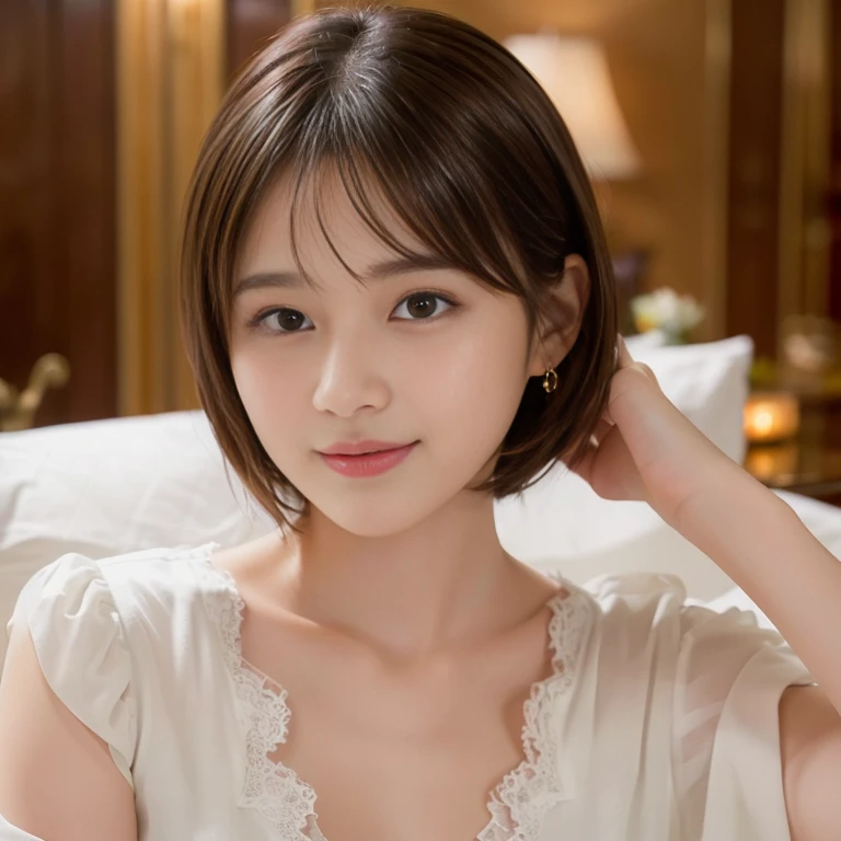 (Best quality: 1.5), (Realistic: 1.5), (1 person: 1.5), (Upper body: 1.5), Highly detailed, high resolution, 8k wallpaper, small breasts, natural colored lips, pretty smile, fair skin , Japanese woman, 20-year-old girl, beautiful and elegant face, perfect and beautiful face, thin eyebrows, big eyes, beautiful and elegant face, natural bangs, beautiful thin nose, beautiful skin, medium bob hair, short cut hair, Natural bangs, perfect beautiful face, slim face and style, (looking at camera), bright lighting, professional lighting, front lighting, natural smile, church, princess-line wedding dress, tiara, beautiful face lines, small face, pretty woman,