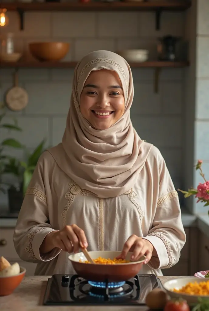 beautiful asian girl,hijab,(Best quality, 8k, 32k, perfect body, ultra detailed body)cooking, smilling,kitchen background