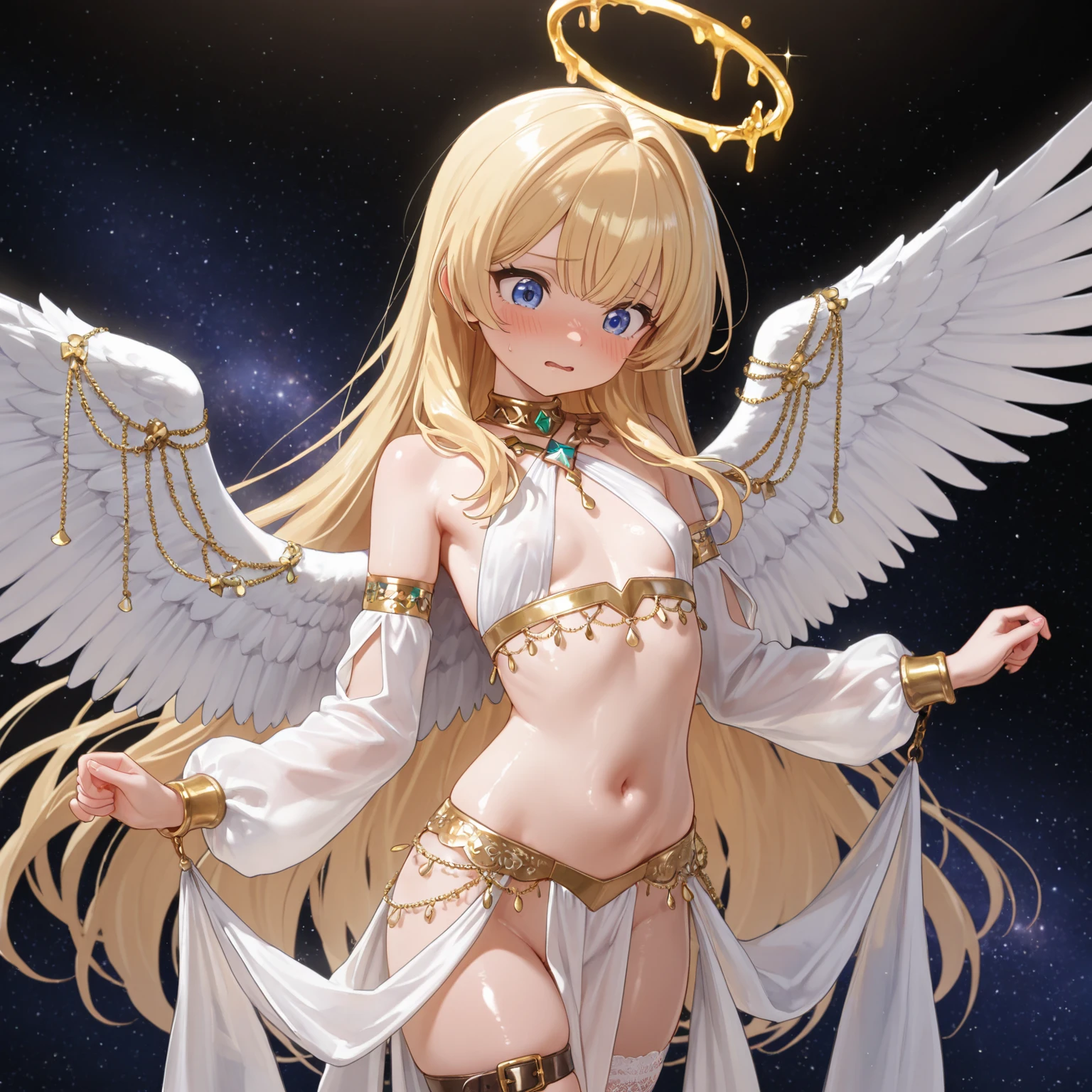 masterpiece, best quality, 1girl, solo, dsaola, blue eyes, blonde hair, very long hair, twin braids, bangs, ahoge, halo, angel, flat chest, white dress, navel cutout, gloves, detached collar, strapless, neck ribbon, blue ribbon, bare shoulders, angel wings, barefoot, floating, space
<lora:dsaola_lc_16:1>