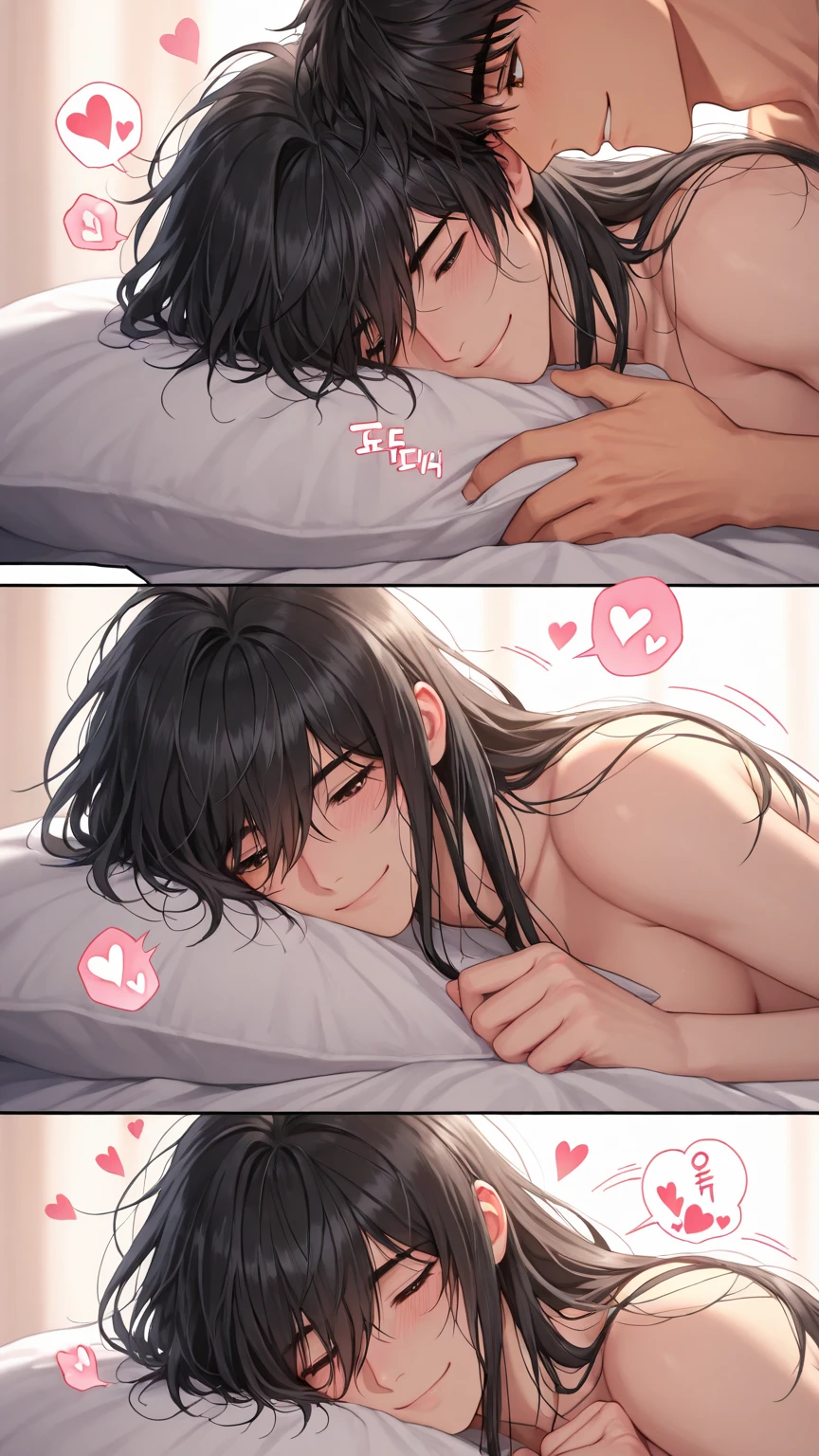 1man and 1woman having sex,,hyperrealistic,mature seductive woman lying on bed,rolling up eyes,flying heart-shapes,shaking effect,black hair,(happy),saliva,bukkake,white sweater,long pink skirt,vulgar hotel,pink light