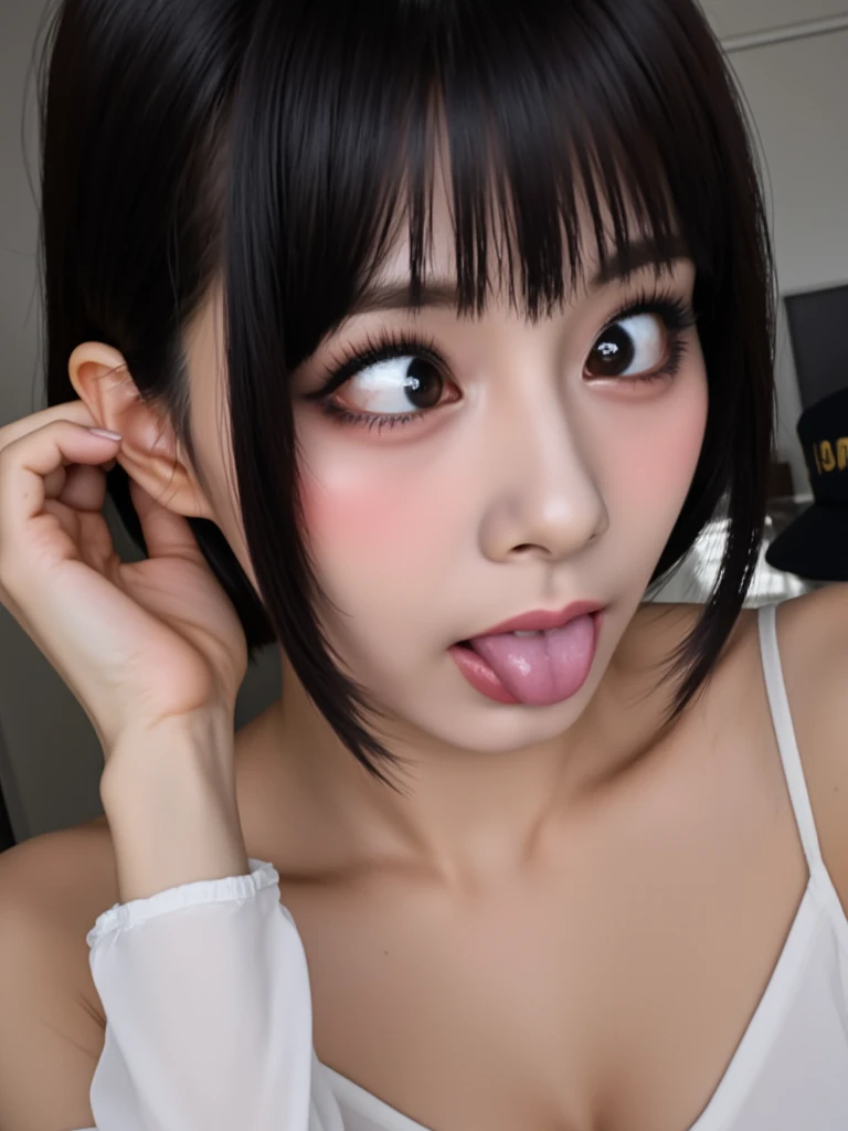 pastel colors t-shirt,off-shoulder look,bare shoulder,ollarbone,midriff peek,Shorts,open mouth,(tongue out:2),Kneeling,leaning forward,finger to mouth,(overhead shot:2),front view,face focus,(1girl,Beautiful 14 year old girl),((Slender,Small breasts,Small face,)),(looking at viewer),Black Hair,bangs,one side up,Beautiful and detailed,(Dimly lit room:1.5),White bed,Simple black background,Mischievous smile
