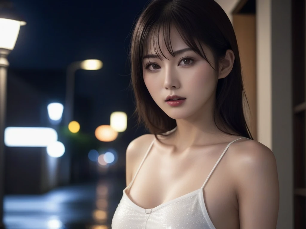 A very beautiful moonlit night、A woman with a very cute face like an idol、Cleavage、High quality images that are indistinguishable from real life images、Artistic、masterpiece