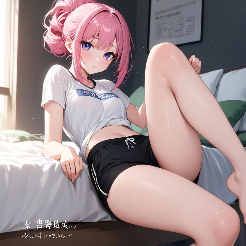 Astolfo, ((Femboy)), Anime, (Masterpiece:1.25), Best quality, High resolution:1.35, RAW photo:1.2, Detailed CG, Dreamy, Curvy build, Skinny, Slender body, Fine detailed beautiful eyes: 1.2, Embarassed Expression, Erotic thighs, Lustrous skin, Photon maping, Cinematic lighting, Full body shot, Dynamic angle, (Pink sports bra), Show armpits, (((Lying on bed))), ((Spreading legs)), Cute face, Long eyelashes, detailed eyelashes, eye shadows, glowing eyes, realistic eyes, Natural makeup, Clear facial features, Hyper detailed face, Lip details