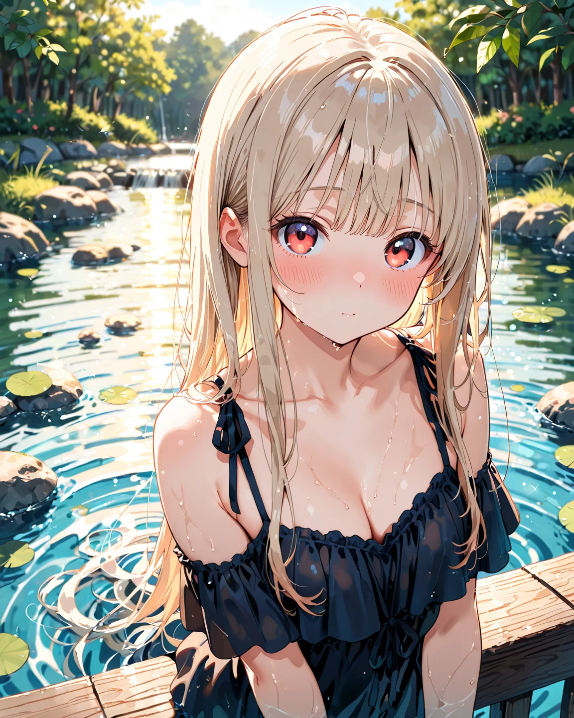 ((masterpiece, best quality, highres, UHD, perfect pixel, depth of field, 8k, RTX, HDR)), BREAK, 1girl, single, solo, beautiful anime girl, beautiful artstyle, anime character, ((long hair, blonde hair)), (green:1.4, rounded eyes, beautiful eyelashes, realistic eyes),big breast, nipples, she is wearing a red miniskirt , white shirt, red tie, blushing, with a smile, BREAK, She is lying on the floor in a puddle of water, looking at the viewer.