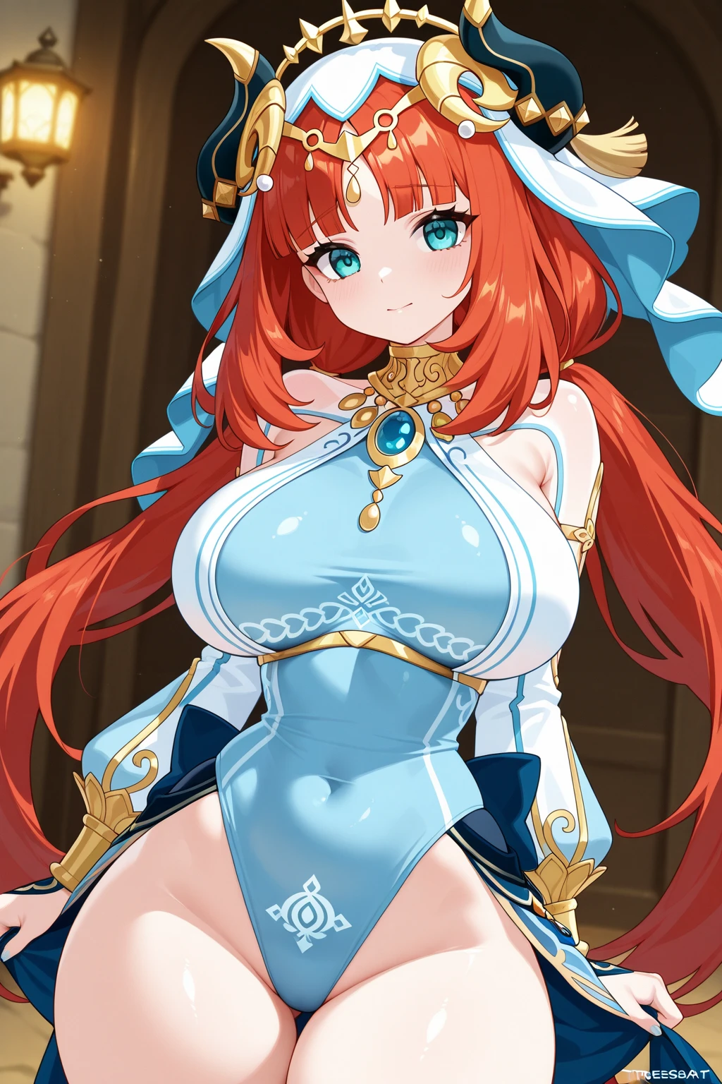 1woman, ((princess dress)), in medieval castle, ((blue long puffy rococo dress, full length hoop skirt, princess tiara, many ruffles, frilly)), (hair in ponytail, long wavy orange hair), (Blue eyes), sharp outline, a matural female, 30 year old, {{{Best Quality}}}, {{{masterpiece}}}, {{intricate details}}, {{ultra detailed}}, ((((hourglass figure)))), (((huge boobs))), tiny waist, six pack abs, wide hips, fit hourglass figure, super sexy pose, legs spread, (bigger boobs:1.4), orange hair, big smiling expression, blushing, flirty, ((busty breasts)), boobs overflowing out of top, cleavage, more underboob, (((focus on woman))), many detailed ruffles, puffy dress bottom,  tiered dress, dynamic angle, bulky hoop skirt, ultra-detailed 4k, ((high resolution image)),  big puffy dress, ((laying all the way down on bed)), in castle bedroom