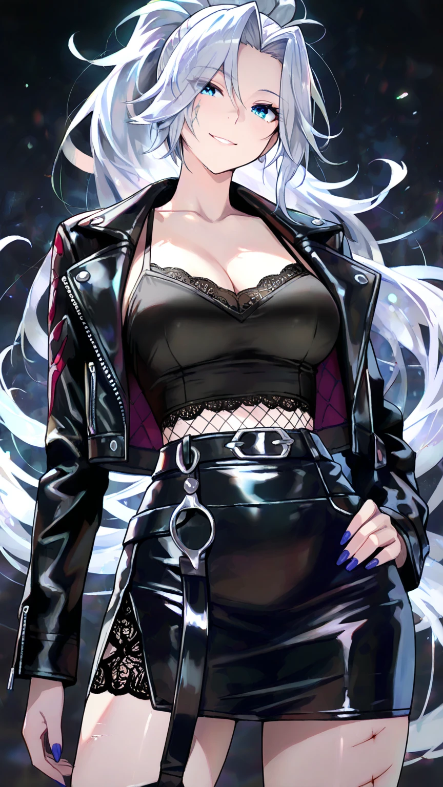 Best quality, masterpiece, super high resolution, anime girl with white hair and black jacket and sunglasses, detailed anime character art, high quality portrait, anime style characters, clean detailed anime style, anime characters, dramatic lighting, style anime (realism: 1.4), suit, gangster style, black tattoo at neck, collarbone, chest full, translucent, breasts, original photo, 1girl, white hair, shiny skin, (fantasy), vampire, earrings, accessories, glasses, sunglasses