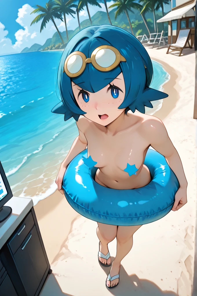 masterpiece, highest quality, High resolution, Dragon Ball, Futebuteshi, Aqua Hair, Hair Ribbon, Braided Ponytail, Brown gloves, Medium chest, Outdoor, wave hands, smile、Completely naked、Leg spread、Showing off one's groin、