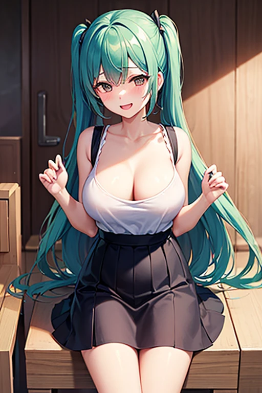 Anime girl, blue eyes, green long hair, muy voluptuosa, teen, big breast, shy smile, wallpaper, cute black dress, strap, breasts bounce
