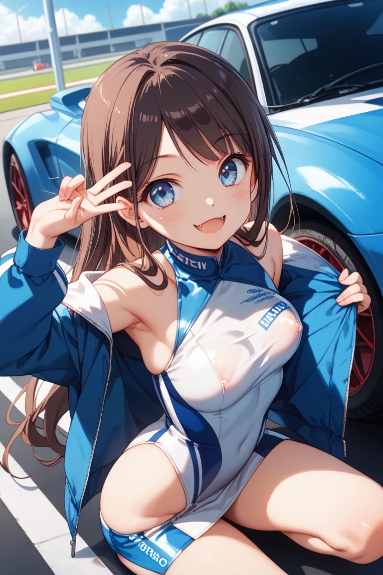 (Evil smile), (((race queen, (raise the checkered flag with both hands), on the race circuit, sunshine,, Leather panties, skirt, Pantyhose, Stiletto heels))), ((Shiny Costumes)), ((skindentation)), skinny, solo, 1 woman, Masterpiece, highest quality, highest quality, 16K, incredibly absurd, highly detailed, 2.5D, ai-generated, delicate and dynamic, very delicate facial expressions, delicate eye depiction, erotic, only sexy woman, ((A cute and kind face)), healthy figure, ((1 woman)), 160cm tall, medium firm swaying bust, Dark Hair, blush, Sweat,Embarrassed,sexy, ((thin thighs)), shiny and lustrous, facing straight at viewer, (((in heat))), ((Oily_skin)), ((Lots of sweat)), ((dutch angle)), ((erotic pose)), (((Dynamic Pose))), ((Transparent and sparkling costume)),