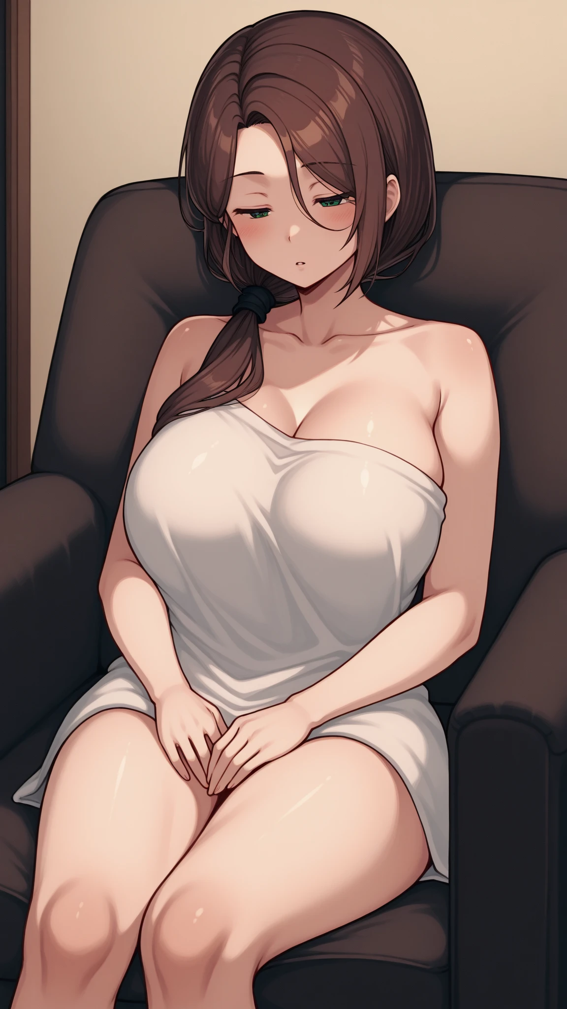 Kushina Uzumaki,busty mature women, sleep ,masturbate,plump, chubby, fat,realistic skin, realistic breast, saggy breast, nipple out,muted colours, cold lighting, pale white skin, Nude, mature women,black hair, long hair, (hair over one eye:1.4), Messy hair,straight hair,hair between eyes ,sleepy eyes ,beautiful,pucker lips,charm,pubic hair pussy,dense pubic hair, masturbate , cute shy blush on , bedroom