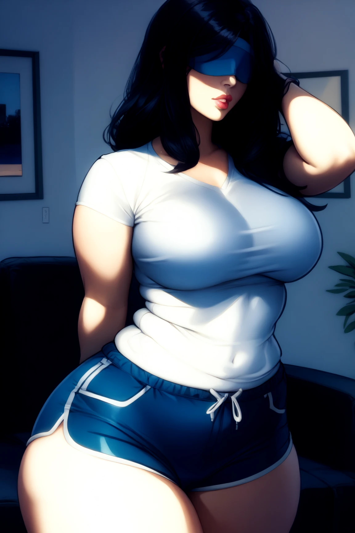 1 woman,bed,room,sweat,sexy,full body,milf,30years old night,bimbo,sexy mood,(curvy),sexy lips,(sedusive smile),((heavy breathing)),t-shirt,under wear,sports bra