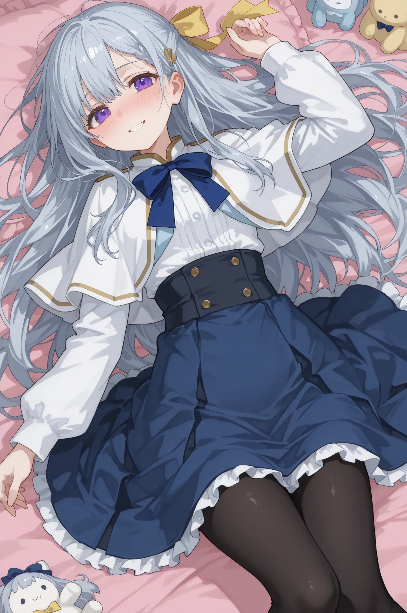 ((( masterpiece, Highest quality))), ((girl)),、Browsing Caution、at close range、cute、Silver Hair、Long Hair、Blue right eye、 Purple left eye、 Black long coat,、Check skirt、Put your hands on your crotch：1.4、Knee socks vibrator thigh vibrator, Black lace panties、Life、anger、anger look、anger、((close)), ((Blushed)),,,Sweat、Perfect lighting、Natural light、Perfect composition、Fantasy Style