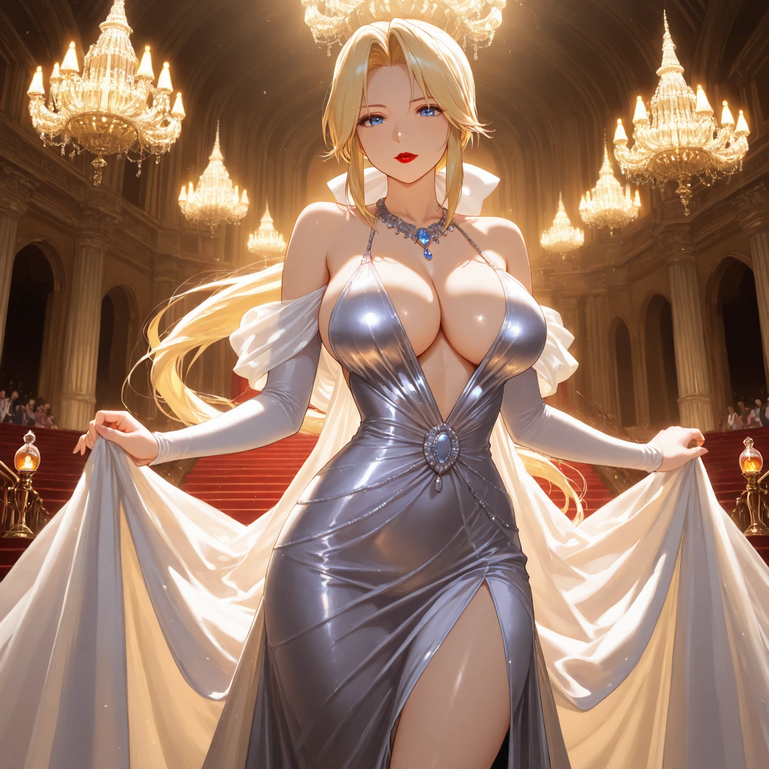 ultra detailed 8k cg, ultra realitsic, masterpiece, spotlight, royal palace, cinematic lighting, cinematic bloom, professional photography, absurdly long hair, very long hair, white hair, divine goddess, huge breasts, breasts out, queen, gorgeous female, lace, lace trim, lace-trimmed legwear, thighhighs, elbow gloves, pearl necklace, gold, jewelry, shiny, glint, diamonds, looking at viewer, serious, formal, epic, grand curtains, indoors