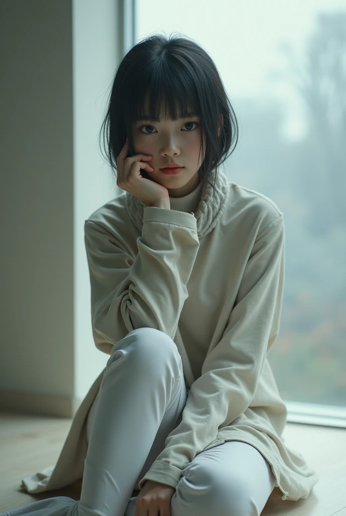 (highy detailed，8k，poster for，动态照明，Very detailed faces，There are teardrops，Sad eyes)Torn lonely crying girl with short dark hair，Spread over her pale cheeks。Her eyes shone with tears of sadness，There is a faint red tide on his cheeks。Her lips trembled slightly，It conveys inner pain。She wore a shabby gray sweatshirt，There are several yellowed smudges on the cuffs，Reveal the trajectory of time。Her pants fadedFrom dark blue to pale and weak gray。There are some holes in thetrouser legs，It seems to have experienced endless wandering and frictionThe surroundings are bleak anddeserted，Echoing her emotions。A torn poster hangs on the faded wall，Showing the glory of the past。There was only one dim light in the room，Cast a faint glow，illuminates her brief sanctuary。There was a damp and musty smell in the room，Reflecting the sense of decay in her heart。Outside the window came the sound of the wind blowing through the leaves，With a hint of sadness and desolation。The girl sat alone in a shabby chair，Hold your face in your hands，Try your best to suppress cries of sadness。Her eyes were confused，As if lost in endless darkness，Looking for a glimmer of hope。She is a tearing lonely crying girl，Her appearance、Makeup、Both clothing and environmental details highlight her inner pain and helplessness。