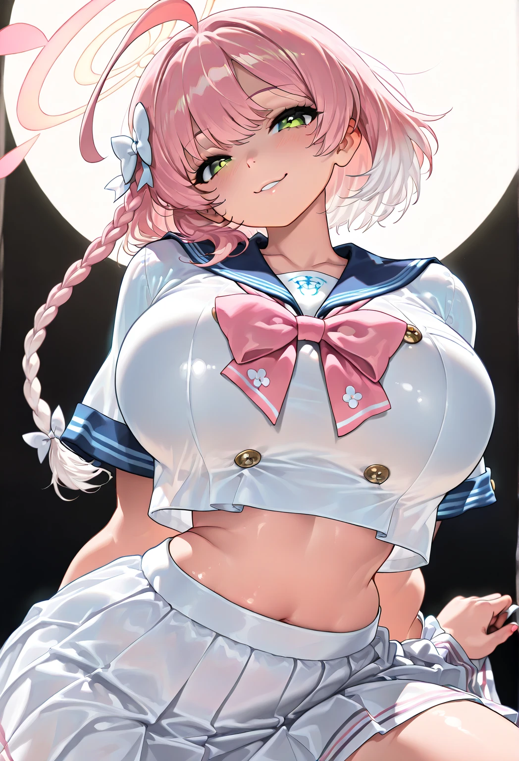 best quality, ultra-detailed, (1girl, solo, <lora:oppai_control_v1.0:3:0,0,0,0,0,0,0,1,1,1,0,0,0,1,0,0,0,0,0,0,0,0,0,0,0,0>, serafuku, sailor_collar , sleeveless, pink clothes, , cleavage ,  white gloves, elbow gloves, waist_bow , brooch ,miniskirt,embarrassed, panic, breast hold),