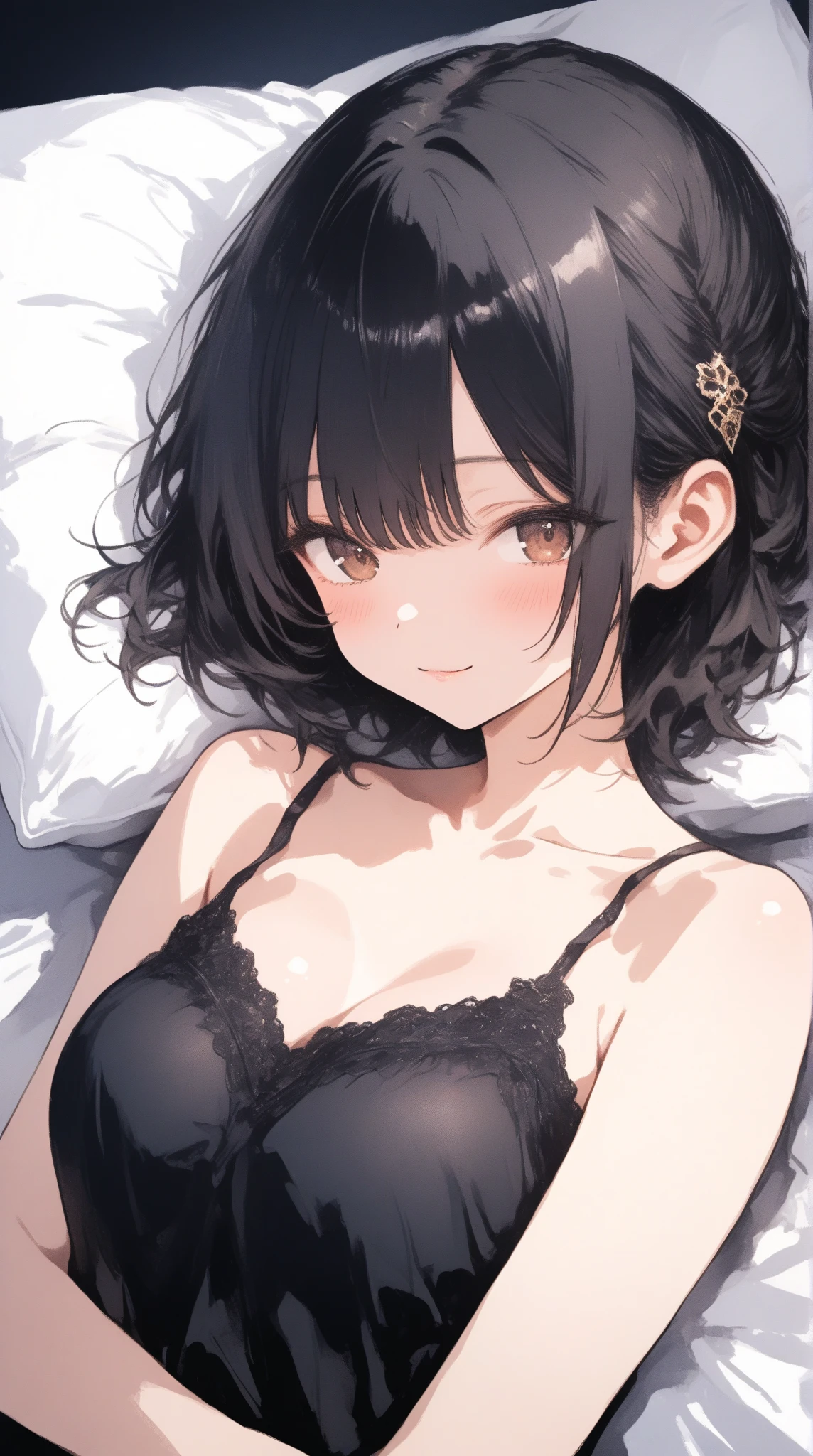 masterpiece, best quality 1girl, solo, beautiful woman, dark tanned skin, bangs, black hair, shoulder length messy hair, bob black eyes, deep blush, grin, medium breasts, black laced bra, black laced thong, looking at viewer, sitting on bed