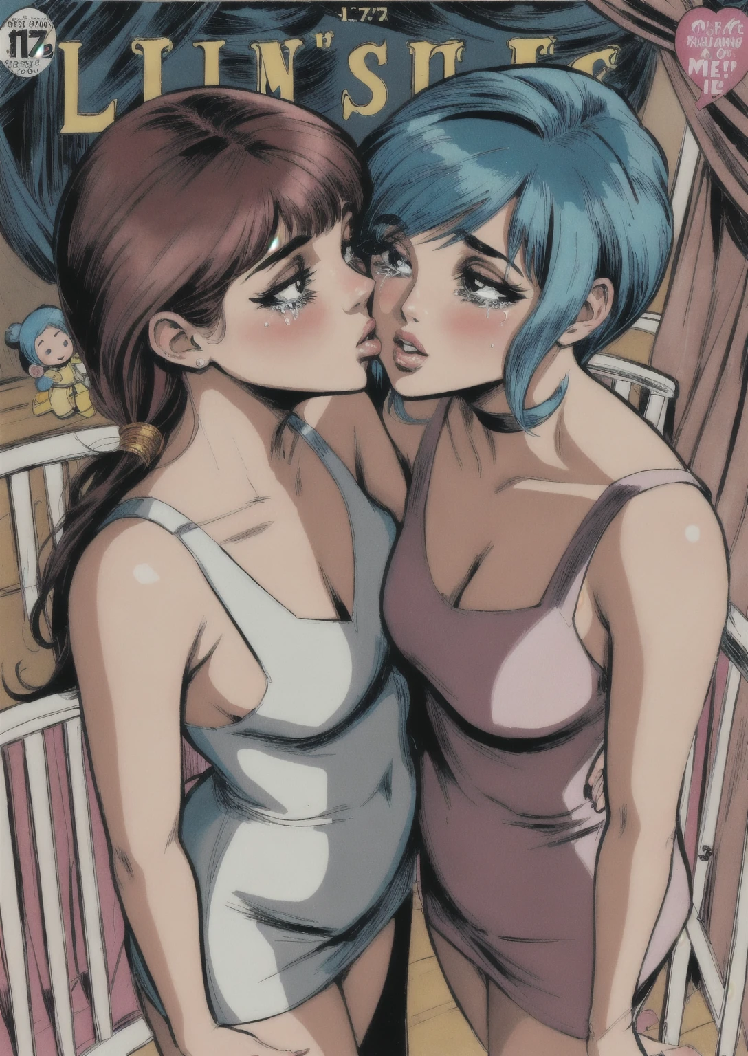 2 girls arguing, 1 girl with green hair, 1 girl with red hair, beautiful detailed eyes, beautiful detailed lips, extremely detailed eyes and face, long eyelashes, highly detailed, photorealistic, 8K, cinematic lighting, dramatic lighting, vibrant colors, colorful, dynamic composition, emotional expression, realistic facial features, intricate details, masterpiece. femaleranma, posessed girl, blank eyes, masterpiece, best quality, highres, absurdes, ((opening her red shirt)), exhibing perfect tits in topless, chinese shirt, large areolas, precious girl, serious face, blushing, large blue eyes, ((messy short redhair, braided ponytail)), ((plain background:1.3)), vintage comic style. lum, long hair, breasts, blue eyes, green hair, horns, strapless, makeup, eyeshadow, bikini, animal print, tears.