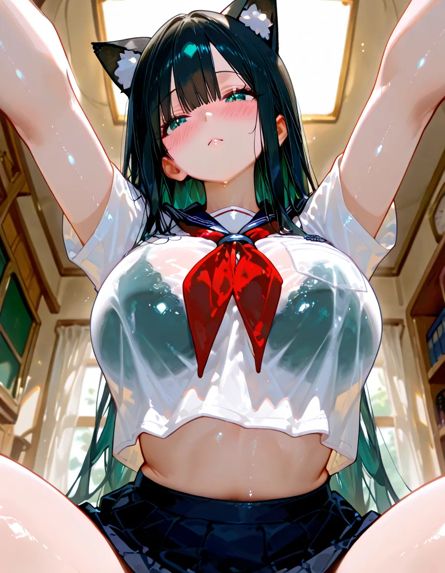((A Pretty nude high school girl sitting on the bed)), ((lifting up the white collar shirt)), a red ribbon, wearing the pleated skirt, Baby face, ((top-quality, master piece, ultra-definition, high resolution)), anime girl, ((ultra-detailed illust:1.2)), 1 girl, bangs, hair between eye, green hair, beautiful hair, blue colored eyes, Shiny eyes, ((highlight in the eyes)), ((detailed eyes:1.2)), ((super gigantic breasts:1.3)), huge breasts, Soft breasts, cleavage of the breast, show breasts, emphasize the breasts, focused on breasts, ((erected nipples)), Big smile, enjoyed, laughing, opened mouth, belly button, slender thighs, take off clothes, Night view from the window, ((fireworks in the background)), ((in the Dark room, Backlighting)), ((povbreastgrab, pov hands)), ((her breasts are grabbed by pov hands:1.3))