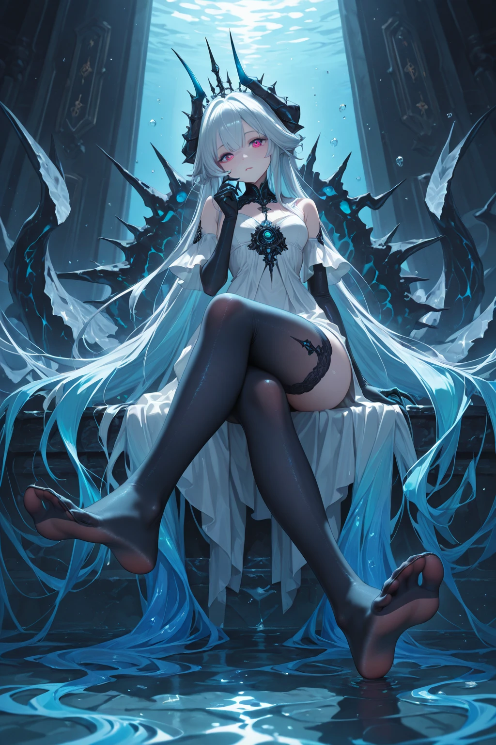 The girl has white hair,The girl wears white stockings on her legs,Girl wearing erotic panties,The cell has four walls,The cells had no windows, The girl can't escape,The girl was in a dimly lit cell,The cells were full of black tentacles,The girl lay on the floor of the cell,A dragon's tail grows from the girl's ass,The girl did not wear shoes,The girl raised her hands above her head and the back of her head, The girl's hands were tied by tentacles,The girl showed her armpits,The girl has white liquid under her armpits,The girl was not wearing any clothes,The girl exposes her sexual organs,Girls wear only underwear and bras,white liquid on your face,The girl had a white liquid in her mouth,There is a white liquid on the body。There is a white liquid next to the girl。The girl wears a pink leather dog collar around her neck,The girl opened her mouth wide,Sticking out his tongue,Completely bare shoulders and abdomen,The girl gasped。Slim legs,delicated face,The girl has white liquid on her face,Small and delicate feet。The thighs and calves are fully presented in front of me,The girl had no shoes on her feet,There was a large amount of white liquid on the floor of this cell,There is a lot of white liquid on the girl,There were black tentacles that circled around the girl's ankles a few times,There were black tentacles that circled around the girl's thighs a few times,There were black tentacles that circled around the girl's neck a few times,There were black tentacles that circled around the girl's thighs a few times。There were black tentacles that circled around the girl's feet a few times。
