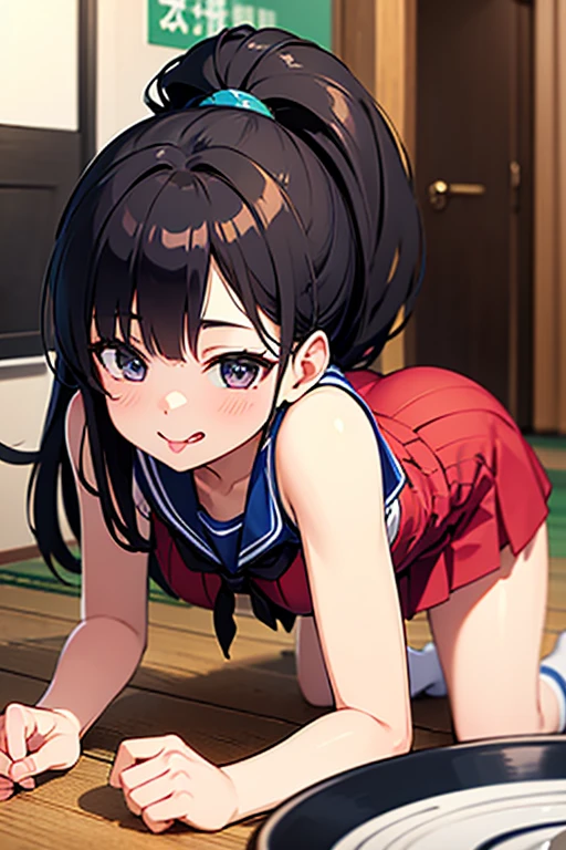 Woman, Athletic and toned body, light skin tone, long black hair tied in a ponytail, green eyes with a penetrating and seductive look, breasts big, exciting look, white bear pajamas, short shorts and a top showing your belly, short clothing, she is on a volleyball court, cute pose