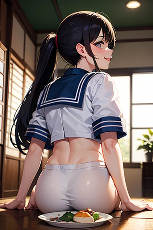 ((masterpiece)), ((best quality)), (ultra-detailed), ((kawaii)), cute, (lovely), ((sexy)), (ero), ((extremely detailed)), 4K, (8K), best quality, (beautiful), in the middle,japanese bedroom, a pretty woman, nude, beautiful black hair, beautiful brown eyes, ((beautiful eyes)), white-skinned, long ponytail hair,swept bangs,lip,huge breast, orgasm,smile,open mouth,saliva,sweat,pussy juice,dildo,masturbation,arms up,standing,1 boy,pov hands,grabbing breasts,touch pussy,restrained, shackles, rope
