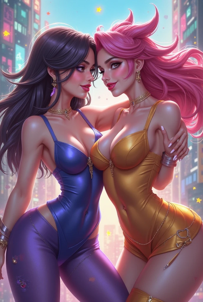 2heads, conjoined, no less than two heads, multiple breasts, three breasts, double cleavage, (masterpiece:1.2, best quality1:1, ultra-detailed:1.2, best shadow, 8k:1.1), (massive hotel penthouse bedroom:1.3), (contrasting background, bright background), (beautiful detailed face), high contrast, (perfect illumination:1.2, beautiful color, delicate color), ((cinematic light)), colorful, hyper detail, dramatic light, intricate details, (2 girls, solo, different hair colors and hairstyles, smiling face, short hair, wavy hair:1.1, hazel eyes, dynamic angle, lacy gold corset, gold nylon pantyhose,cowboy shot, arms down), depth of field, no more than two arms