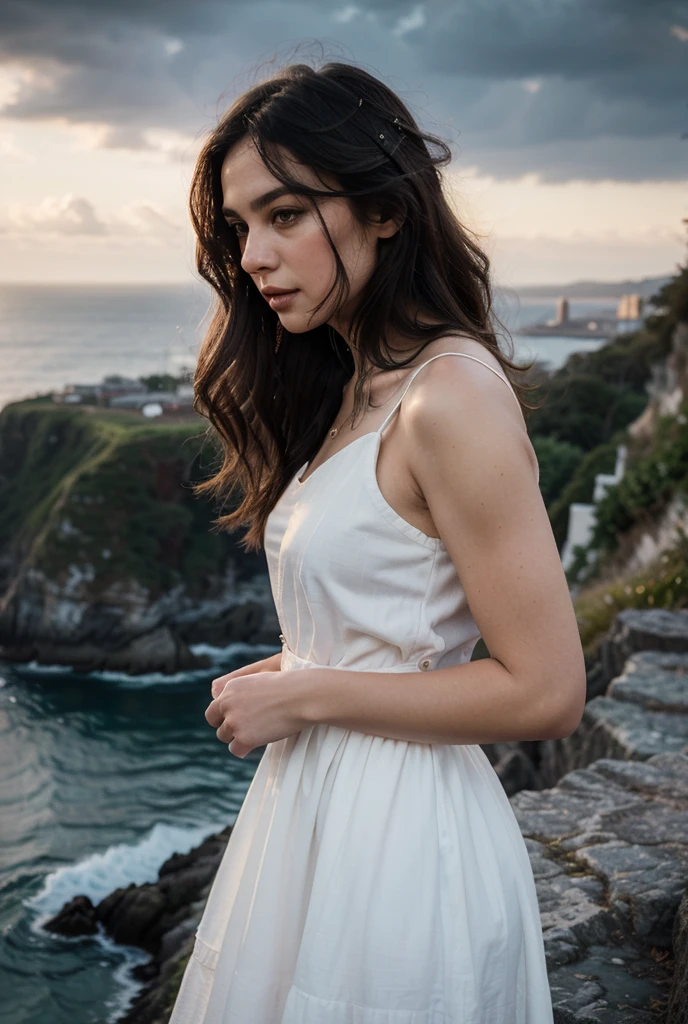 Une jeune femme au bord de la mer, les pieds dans l'eau. L'eau de mer l'enveloppe et lui fait une robe.