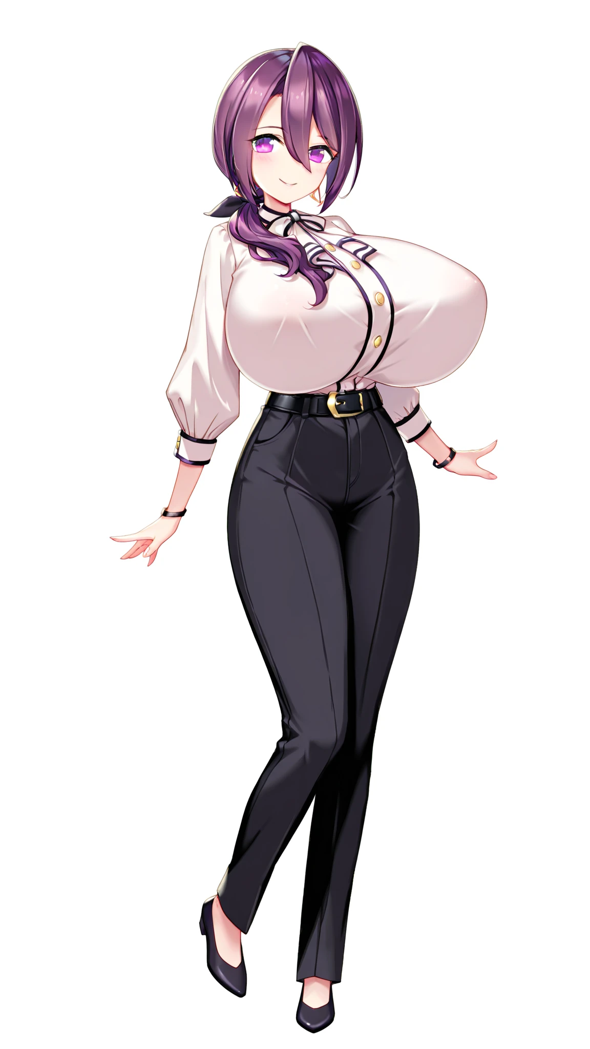 She sports striking purple hair that reaches her back. Her hazel eyes add warmth to her expression. She dresses in a modern outfit, with a printed white blouse and black pants that reflect her more relaxed but chic style. Busty, big hip, big legs, big ass