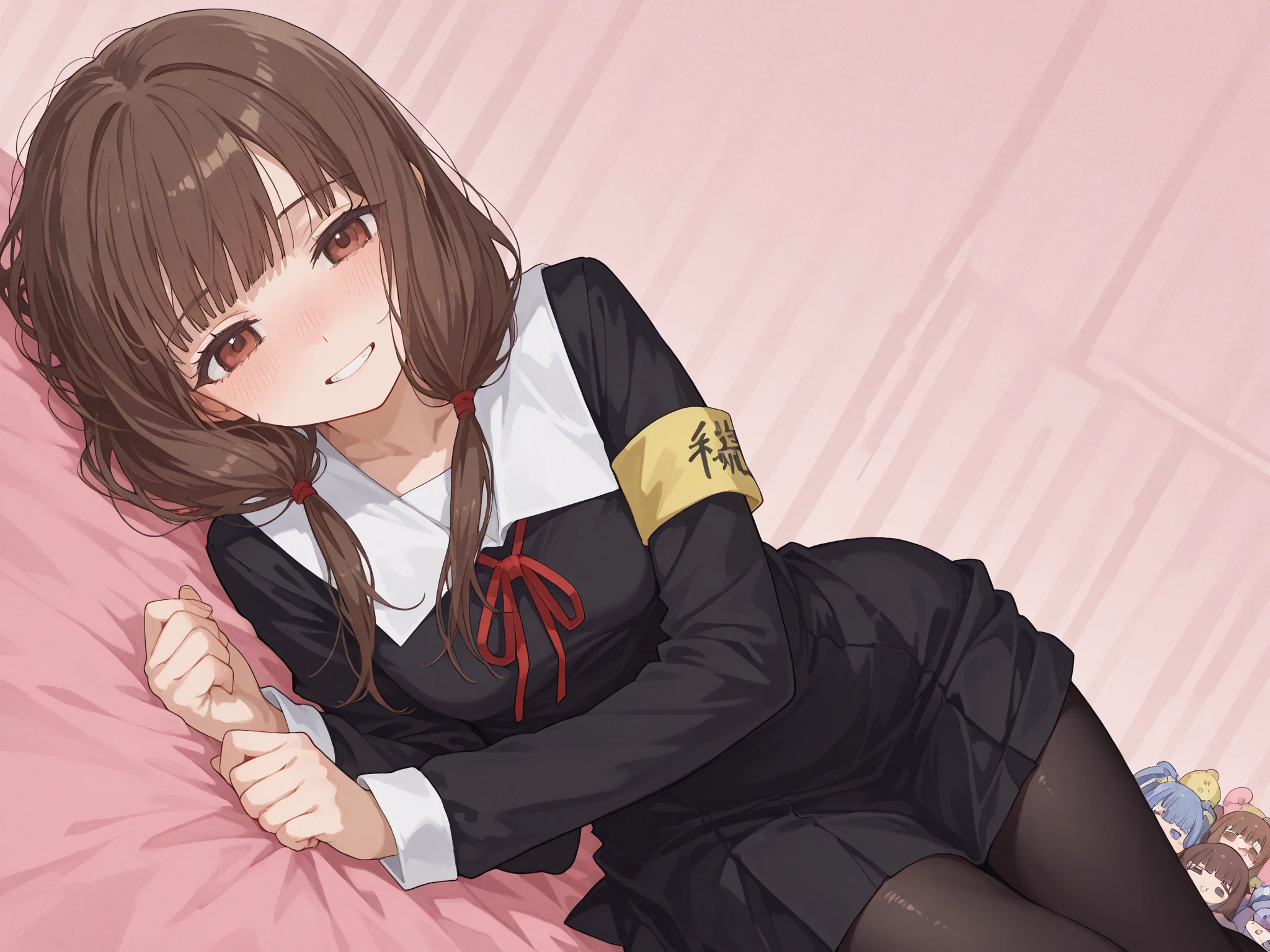 highest quality, (masterpiece:1.2), High resolution, perfect pixel, A very beautiful woman is lying on the bed, 16 years old, ((detailed eyes)), ((girly large wine-red glossy polyester Japanese school ribbon bow tie)), (((long beautiful wavy hair))), ((untied braids)), ((((dark blue & deep navy colored tartan checkered long skirt)))), ((A formal dark blue blazer that is slightly larger and has a gold emblem on the left chest that feels like the texture of the cloth.)), Watching the viewer and laughing, Very fun, Very happy, mouth is open, the skirt is so cute, detailed fingers, modest chest, curled bangs, Lip balm, The background is a black bed in a night room, Beautiful down to the tips of her legs, I want to be intricately intertwined., I want to hug you, checkered comforter, checkered bed sheet, cute long ribbons on the bed, long eyelashes