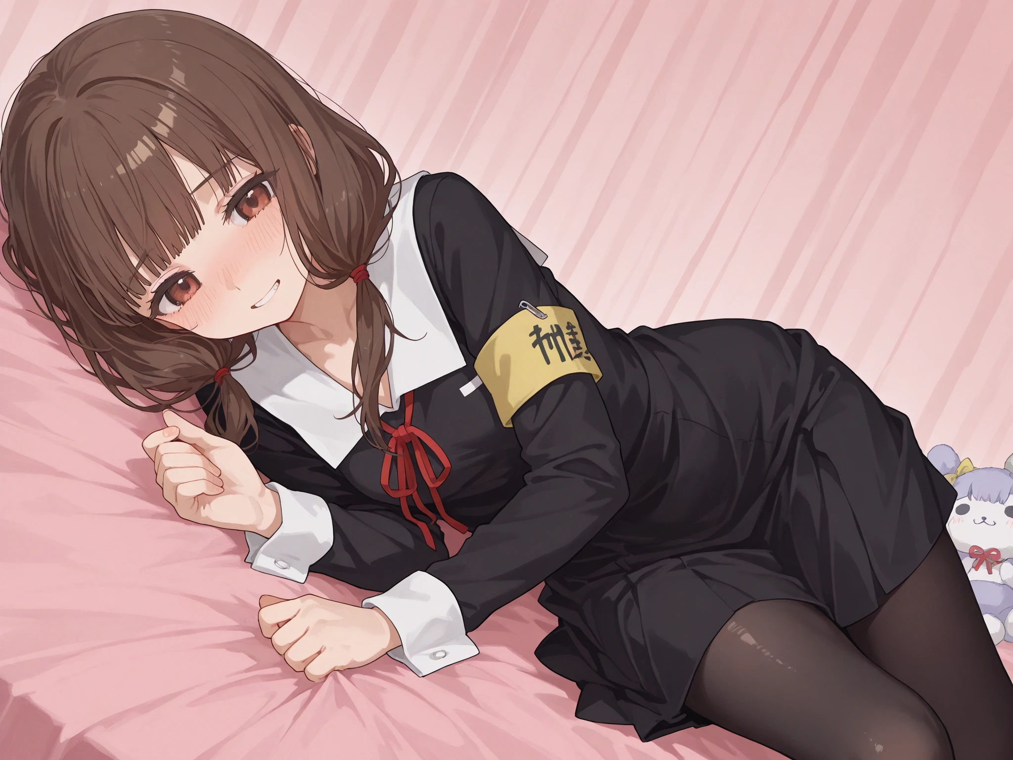 (masterpiece), (Highest quality), (Very detailed), ((Very delicate and beautiful)), One Girl, solo, July, Cowboy Shot, Black Sailor Suit, White neckerchief, Crescent Pin, (Very long hair), ponytail, smile, Flat Chest, belt, Black Skirt, Maroon mouth, Sitting, On the bed, question mark, indoor, Detailed Iris, young, (panties), (good), (In underwear), (Flashy underwear), (lingerie), (Skirt Lift) ,((Browsing Caution))