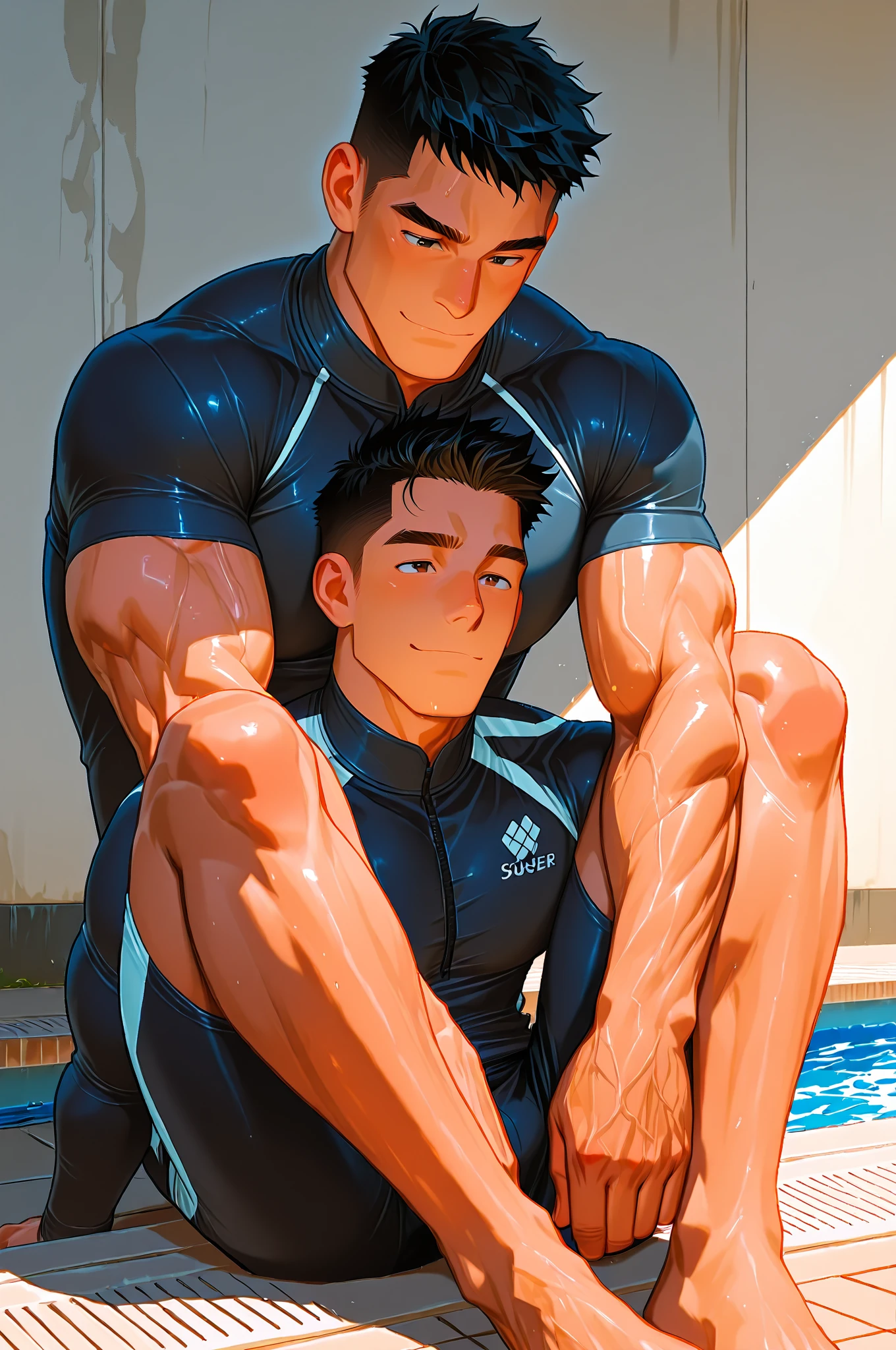 2 males, black hair /(male 1/), orange hair /(male2/), blue eyes /(male1/), brown eyes /(male2/),  swimsuit, Men's boomerang-type swimsuit that looks like a string, ((Main glossy black with yellow lightning bolt mark as an accent color,)) happy, left side /(male1/), right side /(male2/), staring at eachother, smile, loving face, heart, outdoor pool, detailed background, Energetic swimming boys practicing,