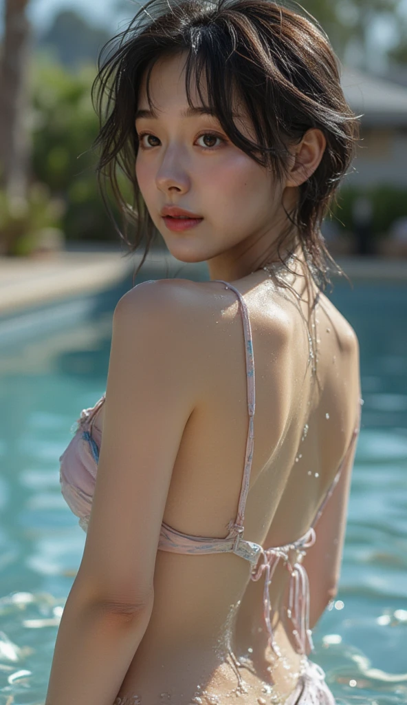 realistic,（8K resolution，（Portrait of a person taken in the pool），bareback），（22 years old，（（delicate face，detailed face，cute face，adult-like face，flushed face），（long hair micro curls，water droplets on hair，damp hair）），fair and smooth skin，moist skin，（optimal skin type：1.21），flesh colored chest patch，perfect body shape，perfect back，delicate skin texture，（（smooth back，lace panties，（black in color），（Soak in the pool，）），delicate legs，perfect hands），（Exquisite environmental details），（professional lighting，artistic lighting），（（young things，sexy and cute，Refraction of light in water vapor））），（golden ratio line，artistic lens，Hasselblad Photos，master piece：1.3），（high art，wallpaper hd，art platform）,