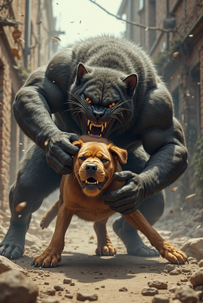 An extremely muscular pitbull dog, with veins protruding from his powerful muscles, and with a spiked collar on the neck, angry, with a dead cat in its mouth between its sharp teeth,, el perro luce rabioso angry, in the background the courtyard of a house