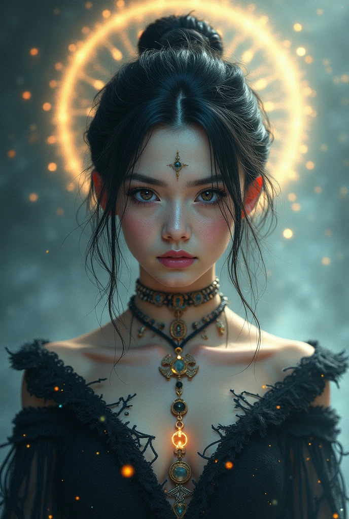 1 beautiful demon woman from hell, retratos femininos surreais de David Hockney e Alphonse Mucha, arte de fantasia, boneca chinesa, fotorrealismo, dynamic lighting, art stations, poster for, volumetric lighting, rosto extra detalhado, 8k ultra, Premiado, no escuro, sutil, lente de vaqueiro, (Black Phoenix Dress: 1.0), cabelo longo, cabelo preto, busto, Devil&#39;s Palace, coroa do diabo, red eyes make up very sharp and detailed, O rosto mais lindo, 、((((Round black-rimmed glasses))))、 seios super apertados, Cirurgia de aumento de mama, The breasts are very large and round and round, super realista, Magia Negra Negra, Peitoral de caveira, sorriso charmoso, The eyes are very well done, ((Olho vermelho:1.0)), Guweiz, estilo do diabo, usando meias de malha preta, Ponytail with a bow tied at the back of the hair, beautiful full red lips, Vestindo um manto fino vermelho e preto, Hands pull on the straps to expose sexy breasts, the landscape is cloudy and thunderous, Beautiful female demon portrait, Close do protagonista, (Planos de fundo assustadores detalhados:0.8), nffsw, nffsw, A qualidade 8k, pixel detalhado, Meet beautiful girls, Olhe para o corpo da garota, ((((Round black-rimmed glasses))))、Retrato de uma mulher vestida com roupas de magia negra、