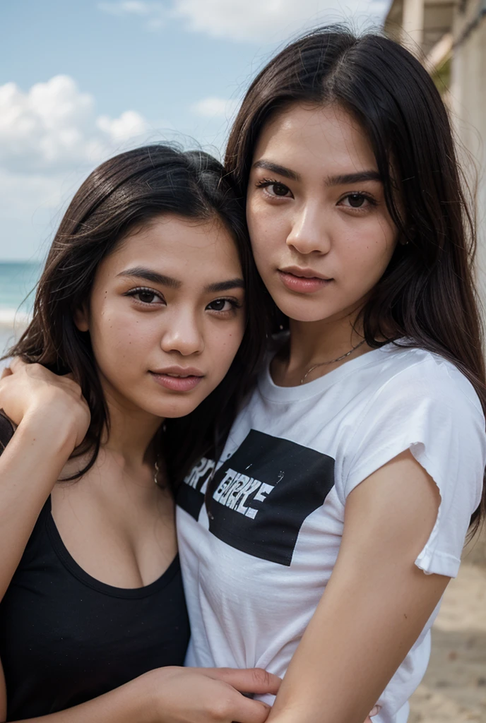 Masterpiece, two beautiful Filipino girls in their 20's kissing, dark red hair, athletic physique, very strong muscles, beach in the Philippines, cleavage, very detailed, dramatic lighting, digital art trending on Artstation 8k HD high definition detailed realistic, detailed, skin texture, hyper detailed, realistic skin texture, armature, best quality, ultra high res, (photorealistic:1.4), high resolution, detailed, raw photo, sharp re, by lee jeffries nikon d850 film stock photograph 4 kodak portra 400 camera f1.6 lens rich colors hyper realistic lifelike texture dramatic lighting unreal engine trending on artstation cinestill 800, naked