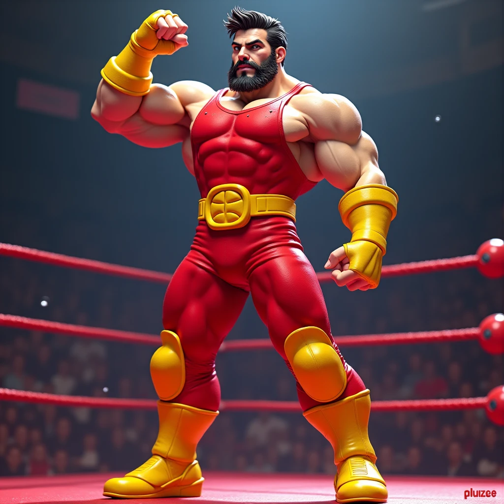 zangief,a man with a beard and a golden belt, fighting game character, street fighter 5,muscled humanoid,heavy looking,buff man,wrestler,Red short briefs,capcom,street fighter,shirtless,muscular male,chest hair,visually weighty,bearded man,mohawk hair,no wristband,Red Wrestling Boots,best quality